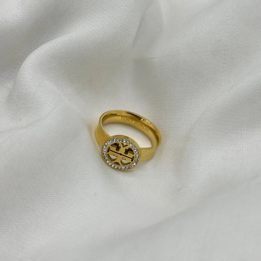 Tory Burch Zircon 18K Gold Plated Ring - Stainless Steel