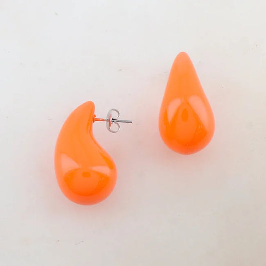 Orange Polished Tear Drop Stud Earring